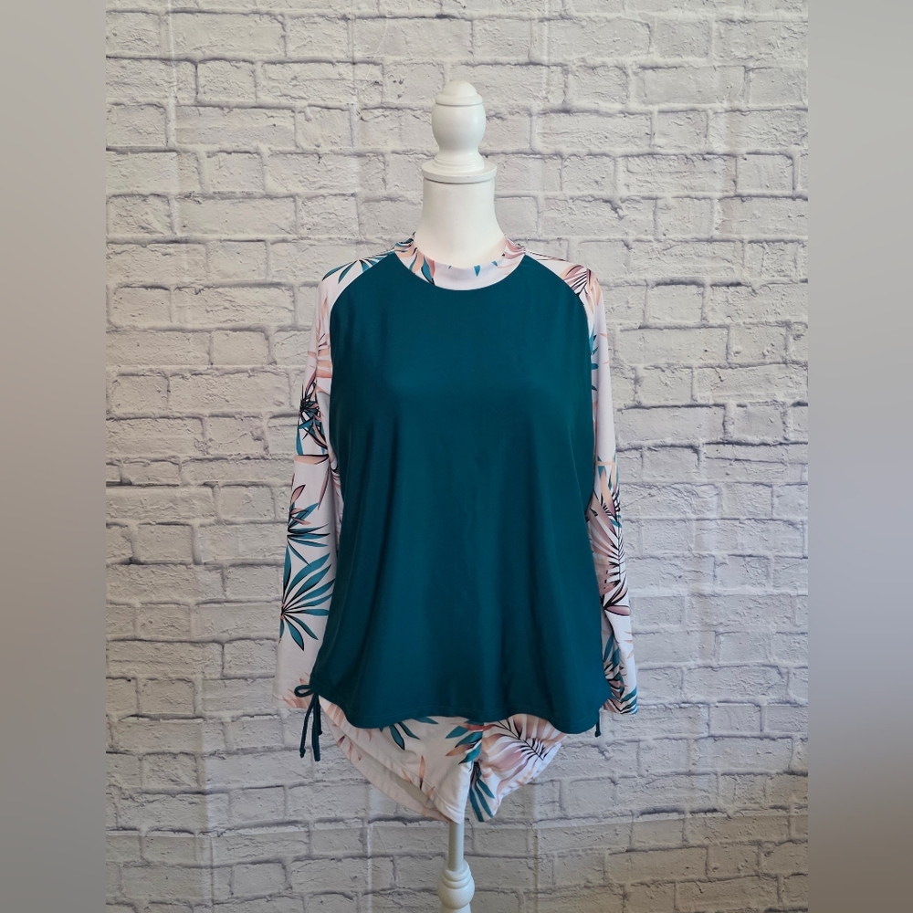 Women's Teal and Floral Long Sleeve Rash Guard Shirt And Shorts